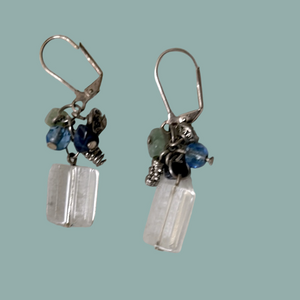 Playful Beaded Bauble Earrings Silver Blue Green Clear Handmade Jewelry Beach